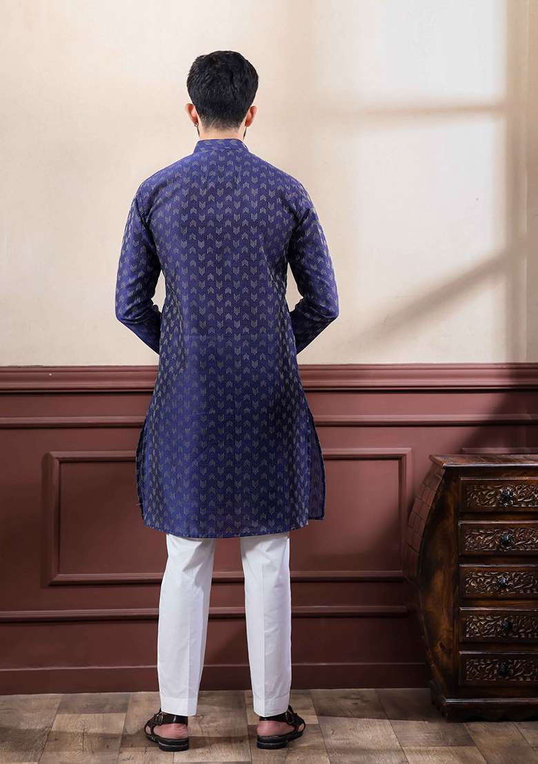 Blue Woven Cotton Kurta Set For Men - Indya