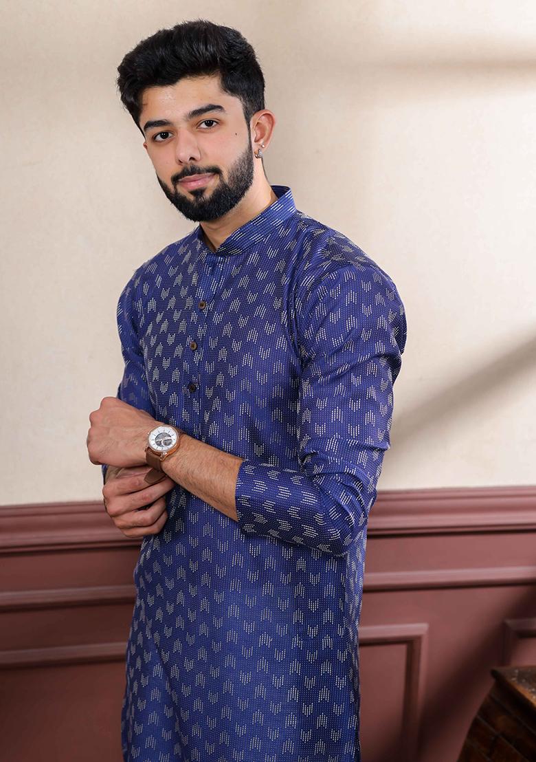 Blue Woven Cotton Kurta Set For Men