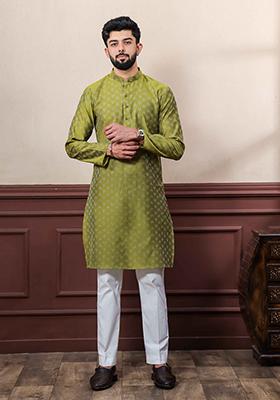Green Woven Cotton Kurta Set For Men
