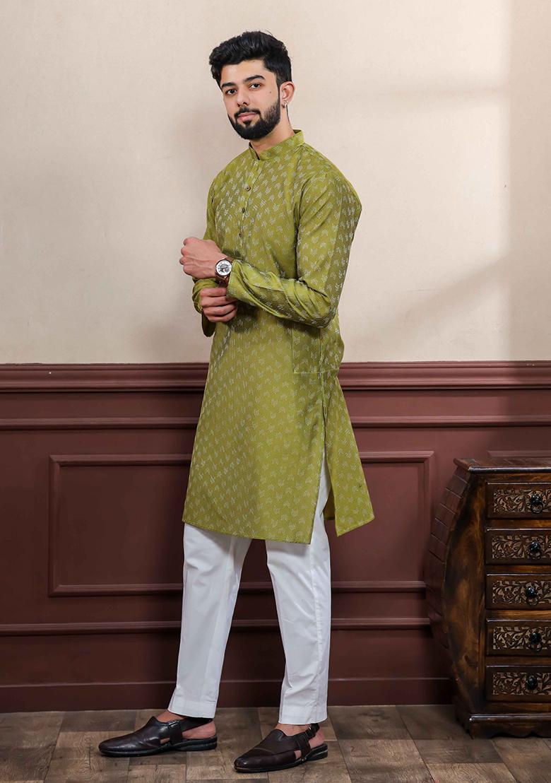 Green Woven Cotton Kurta Set For Men