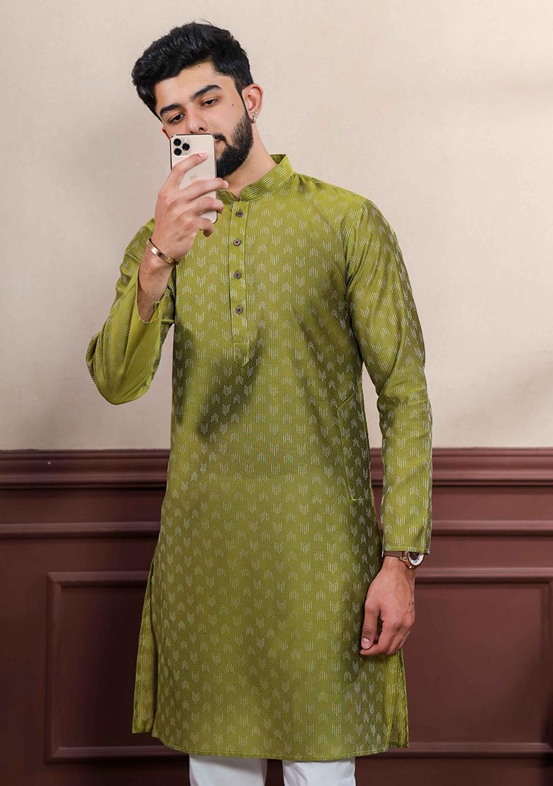 Green Woven Cotton Kurta Set For Men