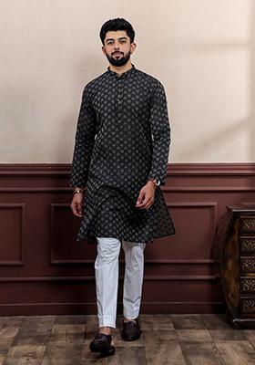 Black Woven Cotton Kurta Set For Men