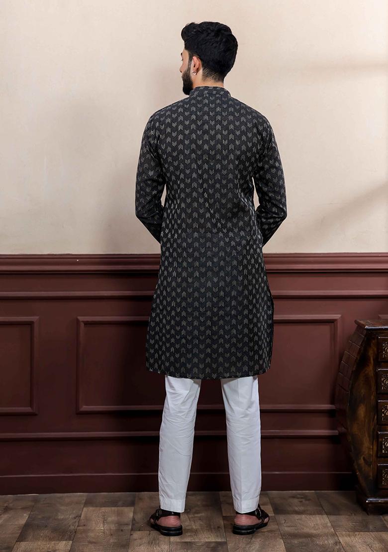Black Woven Cotton Kurta Set For Men