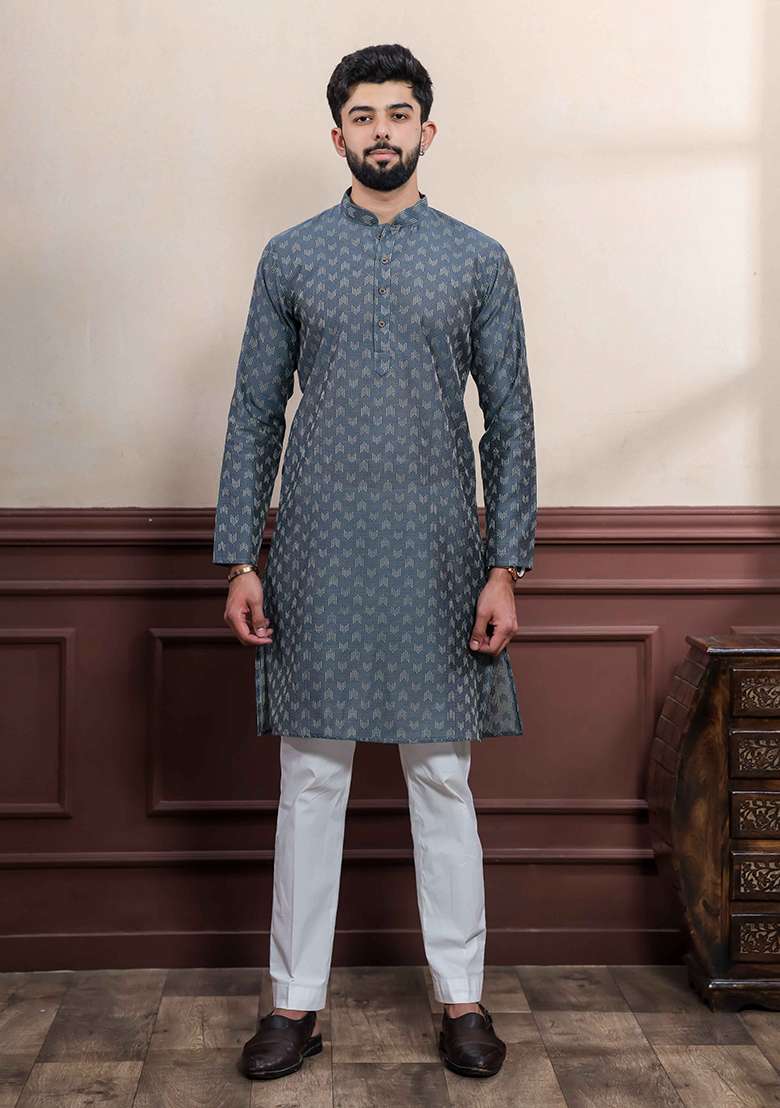 Grey Woven Cotton Kurta Set For Men - Indya