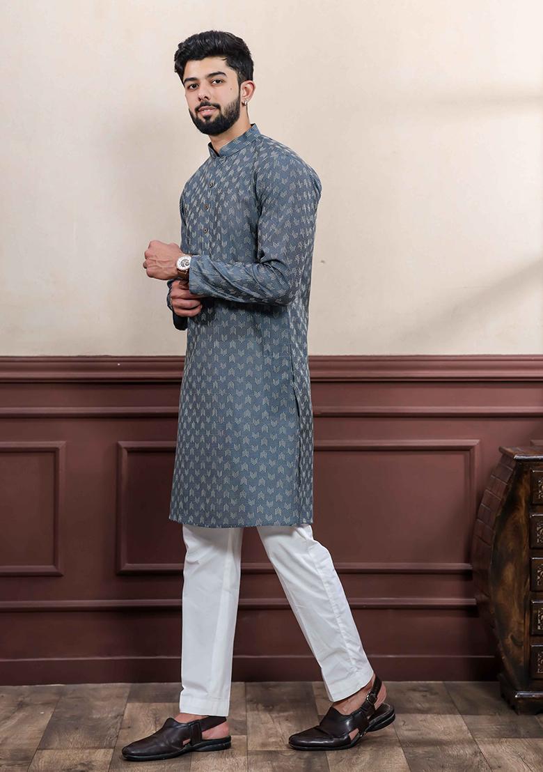 Grey Woven Cotton Kurta Set For Men