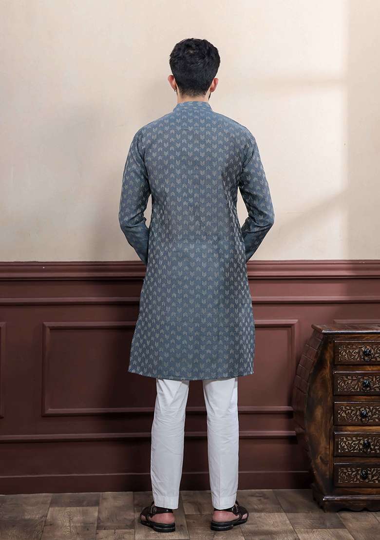 Grey Woven Cotton Kurta Set For Men - Indya