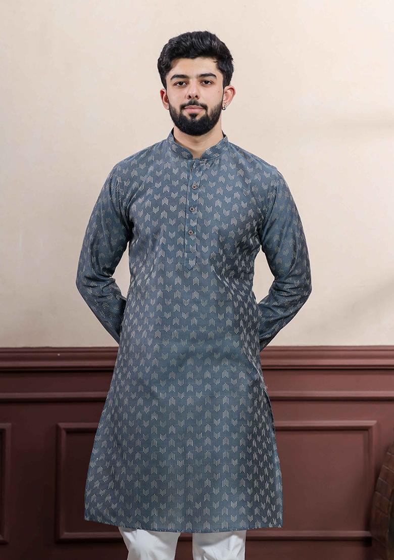 Grey Woven Cotton Kurta Set For Men
