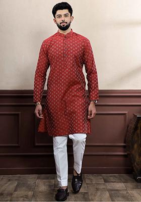 Maroon Woven Cotton Kurta Set For Men