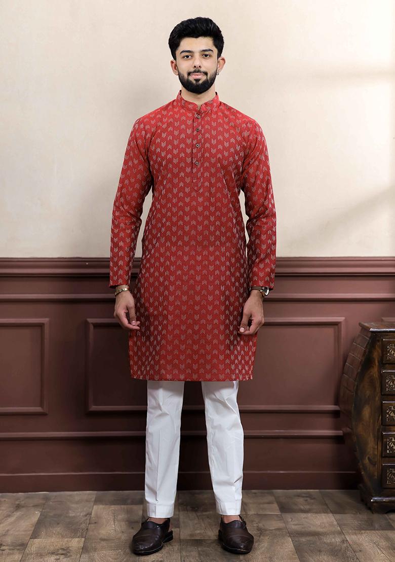 Maroon Woven Cotton Kurta Set For Men