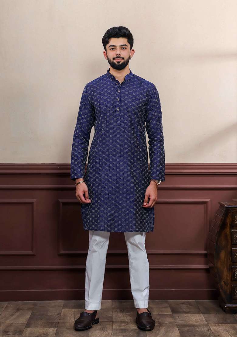 Blue Woven Cotton Kurta Set For Men - Indya