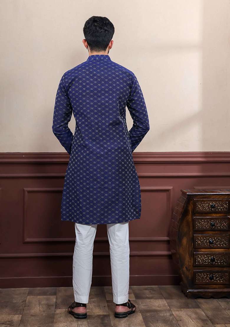 Blue Woven Cotton Kurta Set For Men - Indya