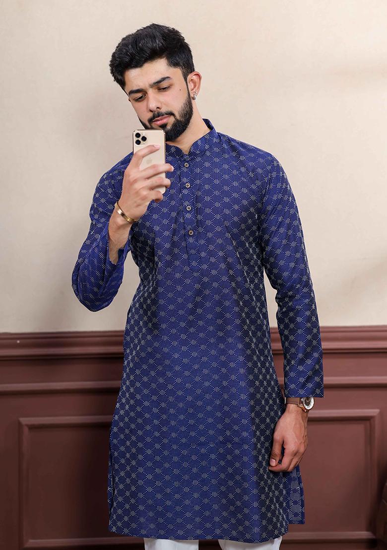 Blue Woven Cotton Kurta Set For Men