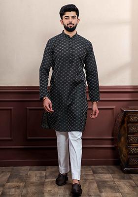 Black Woven Cotton Kurta Set For Men