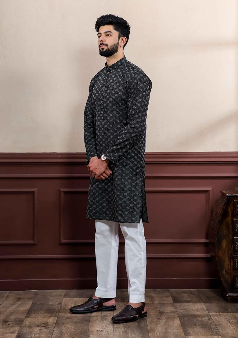 Black Woven Cotton Kurta Set For Men