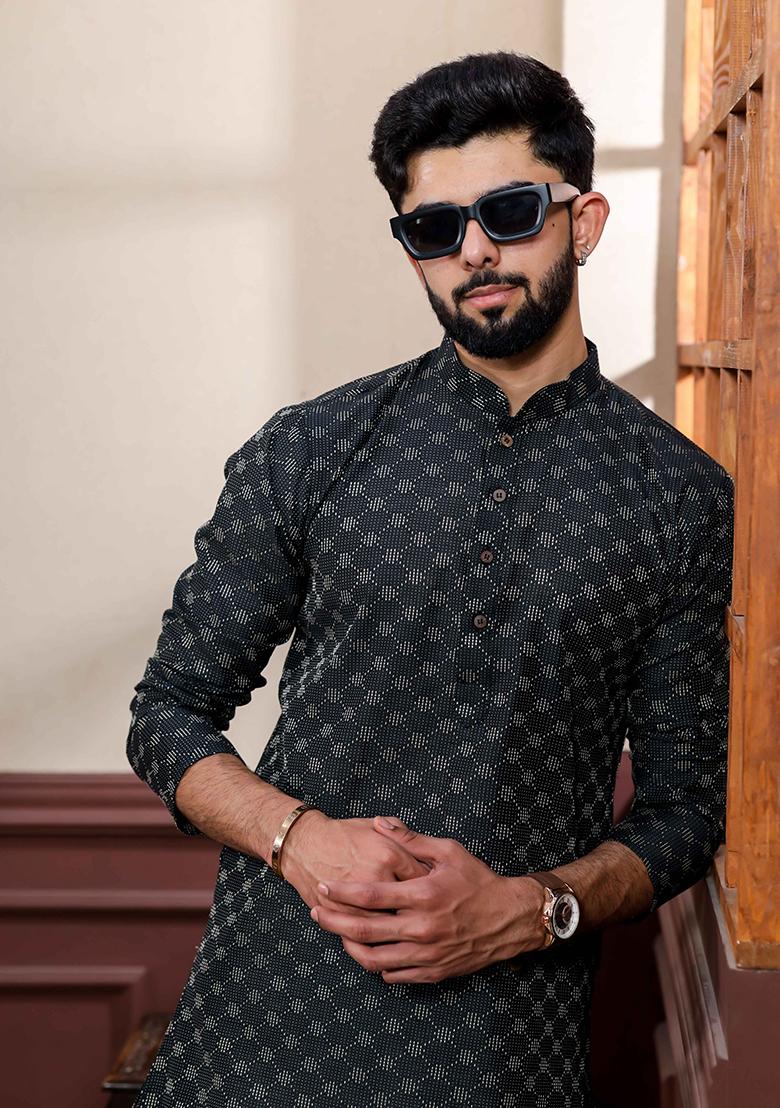 Black Woven Cotton Kurta Set For Men