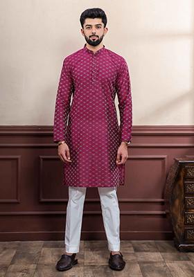 Purple Woven Cotton Kurta Set For Men