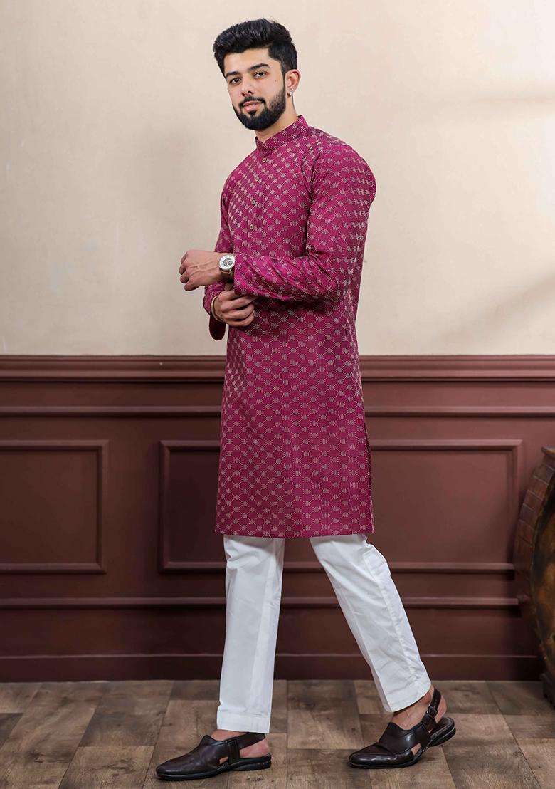 Purple Woven Cotton Kurta Set For Men