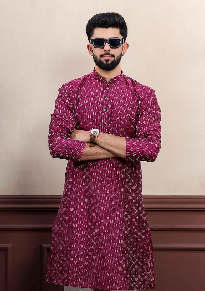 Purple Woven Cotton Kurta Set For Men