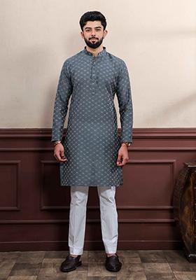 Grey Woven Cotton Kurta Set For Men