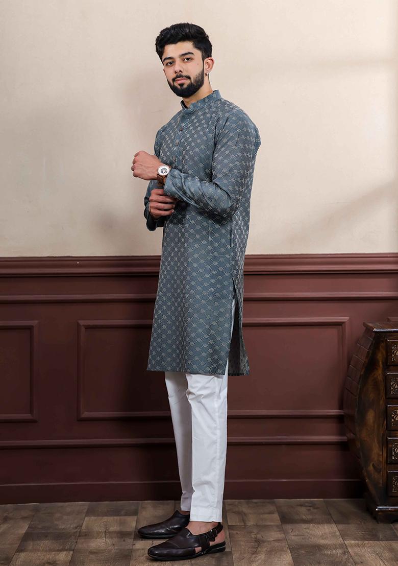 Grey Woven Cotton Kurta Set For Men