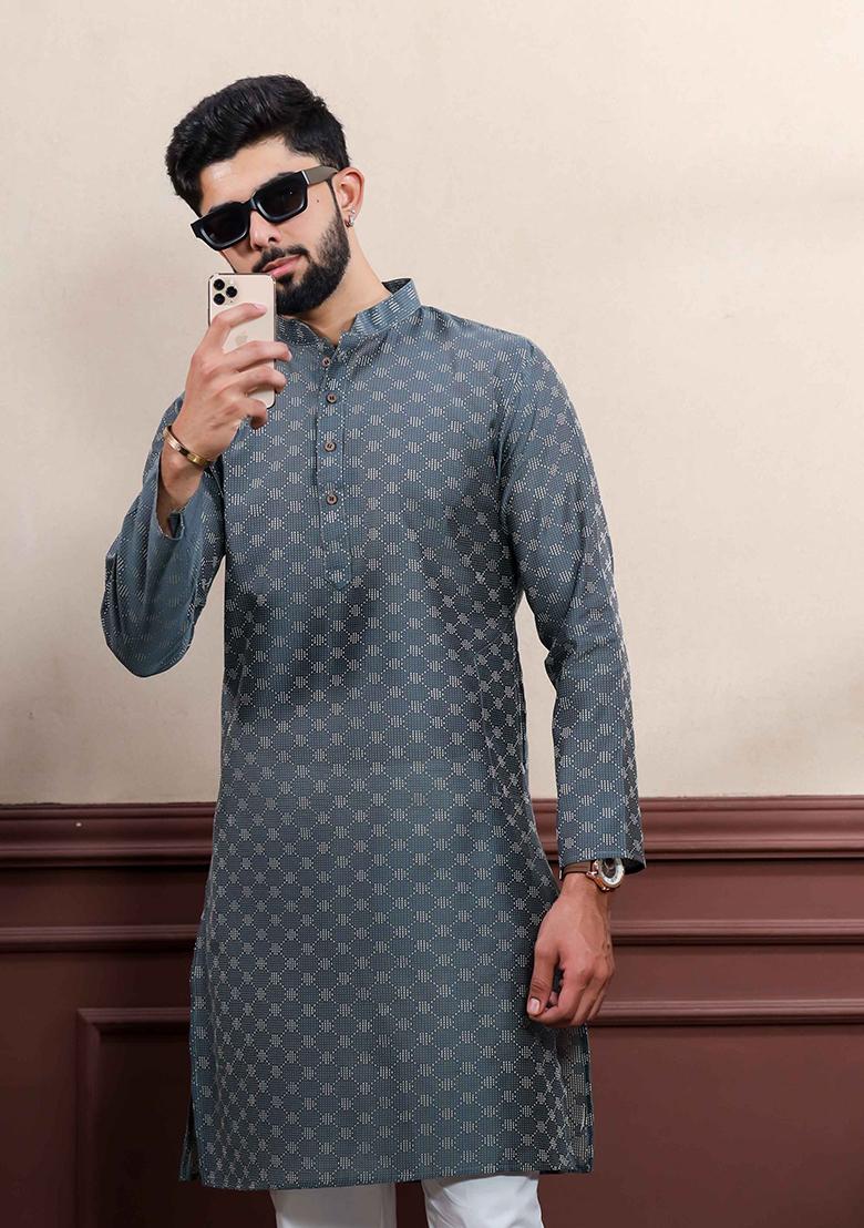 Grey Woven Cotton Kurta Set For Men