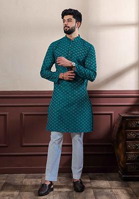 Teal Blue Woven Cotton Kurta Set For Men