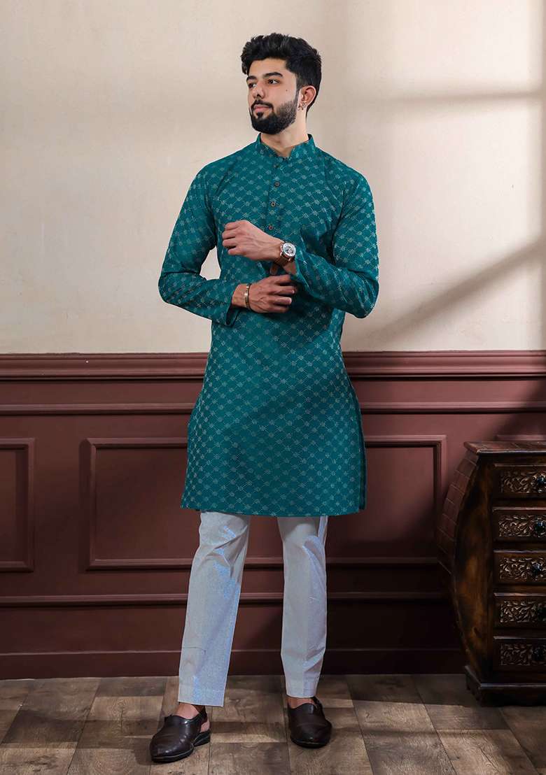 Teal Blue Woven Cotton Kurta Set For Men - Indya