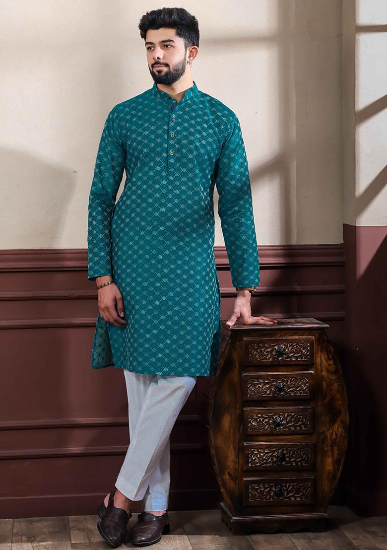 Teal Blue Woven Cotton Kurta Set For Men