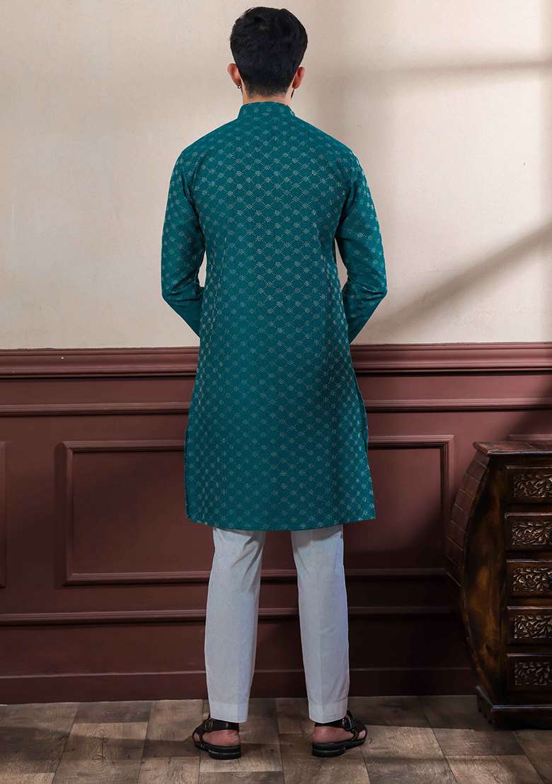 Teal Blue Woven Cotton Kurta Set For Men - Indya