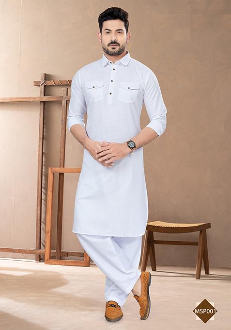 White Embroidered Poly Blend Pathani Kurta Set For Men