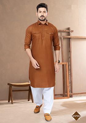 Coffee Brown Embroidered Poly Blend Pathani Kurta Set For Men