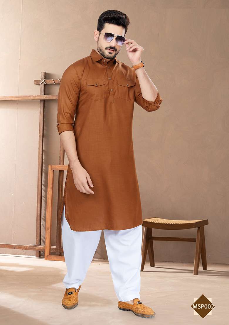 Coffee Brown Embroidered Poly Blend Pathani Kurta Set For Men - Indya