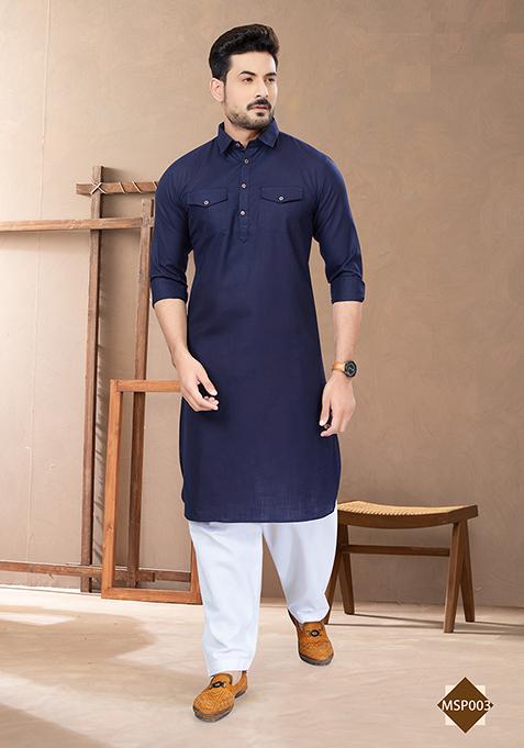 Blue Embroidered Poly Blend Pathani Kurta Set For Men