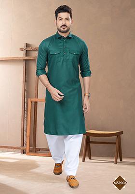 Green Embroidered Poly Blend Pathani Kurta Set For Men