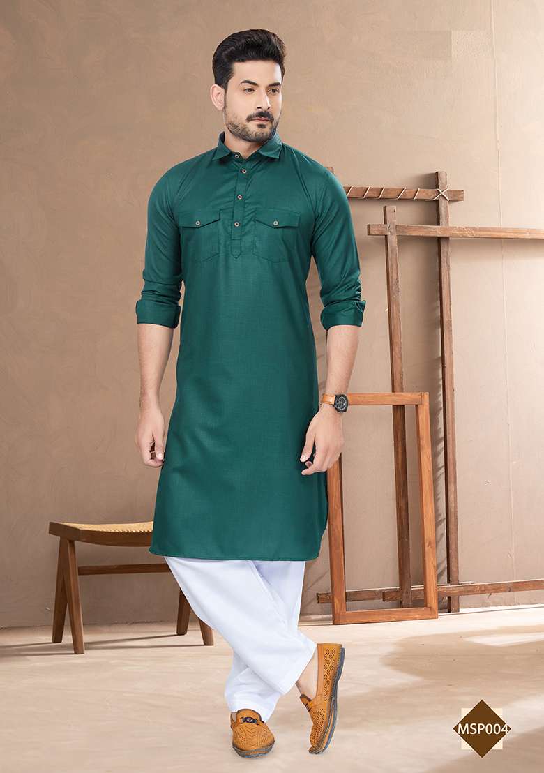 Green Embroidered Poly Blend Pathani Kurta Set For Men - Indya