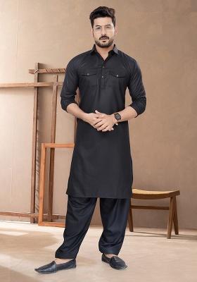 Black Embroidered Poly Blend Pathani Kurta Set For Men