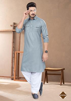 Grey Embroidered Poly Blend Pathani Kurta Set For Men