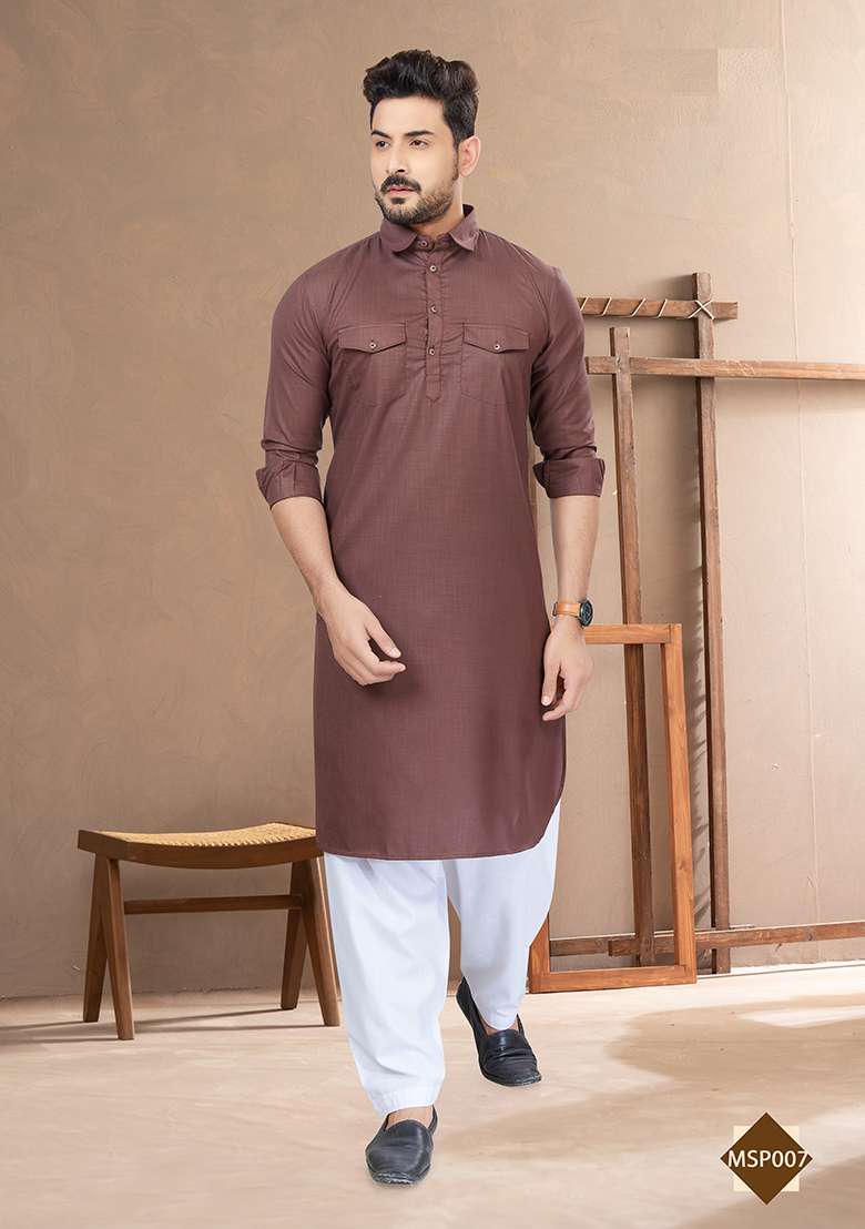 Coffee Brown Embroidered Poly Blend Pathani Kurta Set For Men - Indya