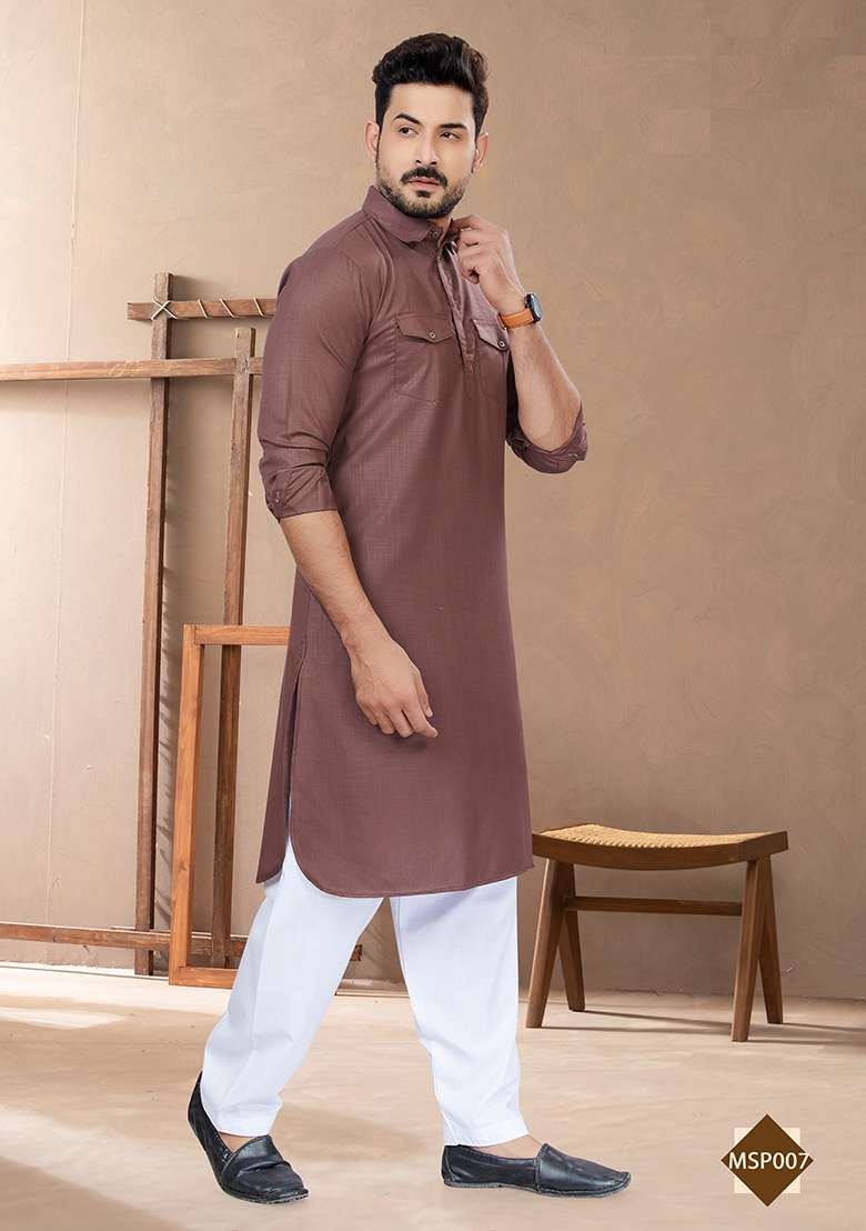 Coffee Brown Embroidered Poly Blend Pathani Kurta Set For Men - Indya