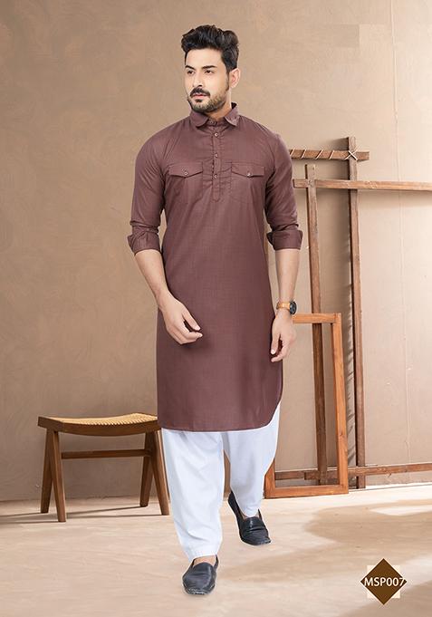 Coffee Brown Embroidered Poly Blend Pathani Kurta Set For Men