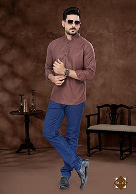 Coffee Brown Embroidered Poly Blend Short Kurta For Men