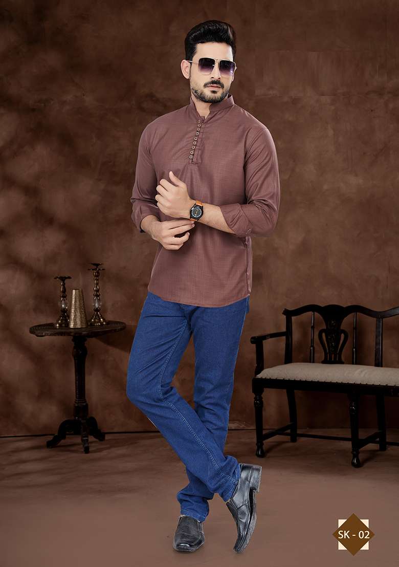 Coffee Brown Embroidered Poly Blend Short Kurta For Men - Indya