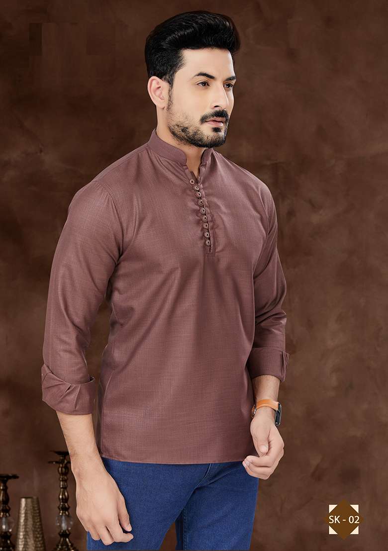 Coffee Brown Embroidered Poly Blend Short Kurta For Men - Indya