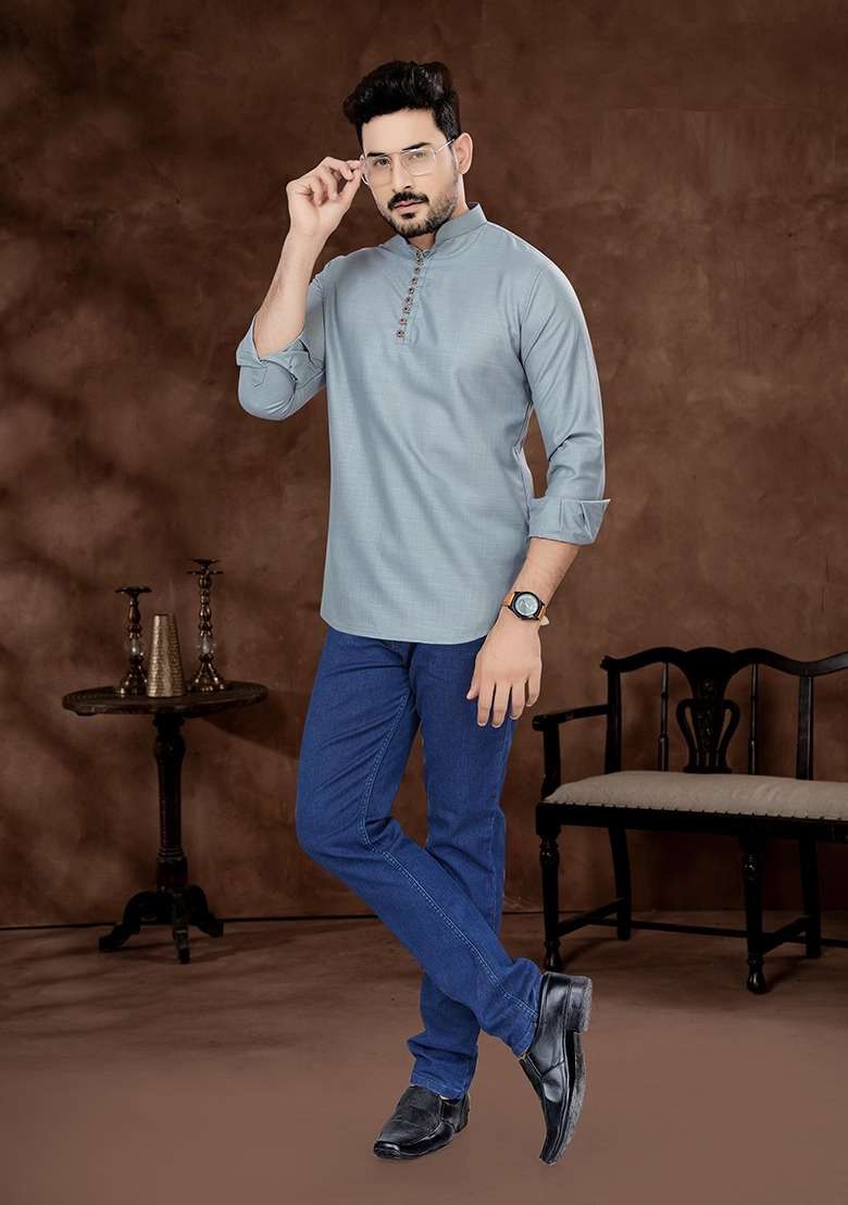 Grey Embroidered Poly Blend Short Kurta For Men - Indya
