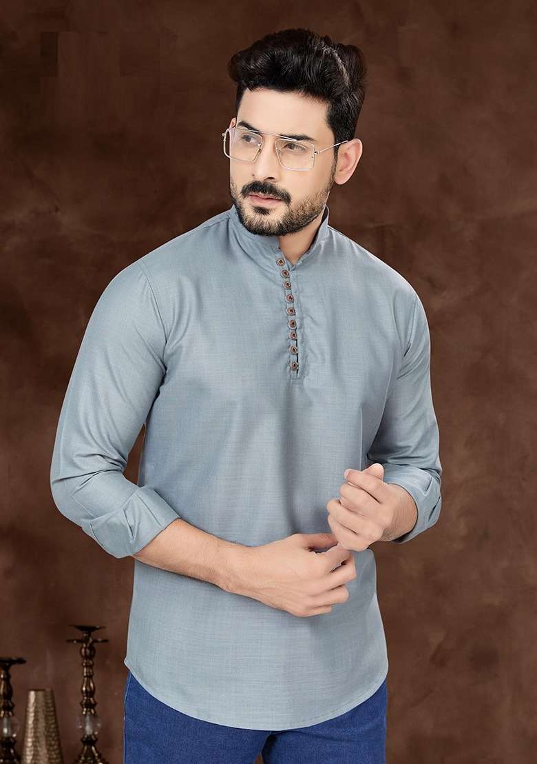 Grey Embroidered Poly Blend Short Kurta For Men - Indya