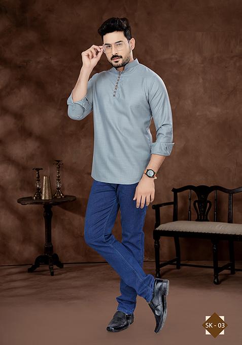 Grey Embroidered Poly Blend Short Kurta For Men