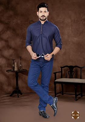 Blue Embroidered Poly Blend Short Kurta For Men