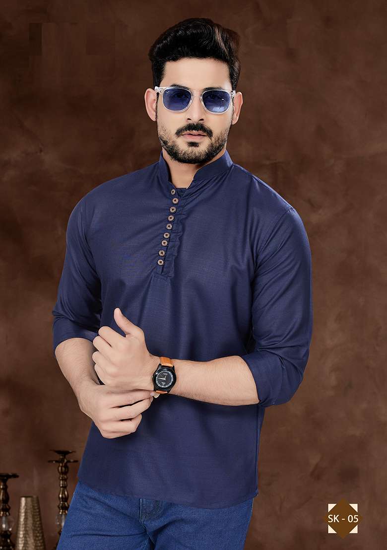 Blue Embroidered Poly Blend Short Kurta For Men - Indya