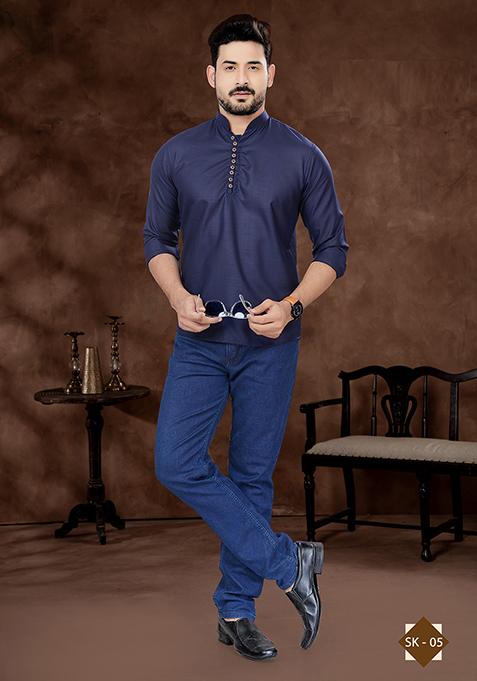 Blue Embroidered Poly Blend Short Kurta For Men