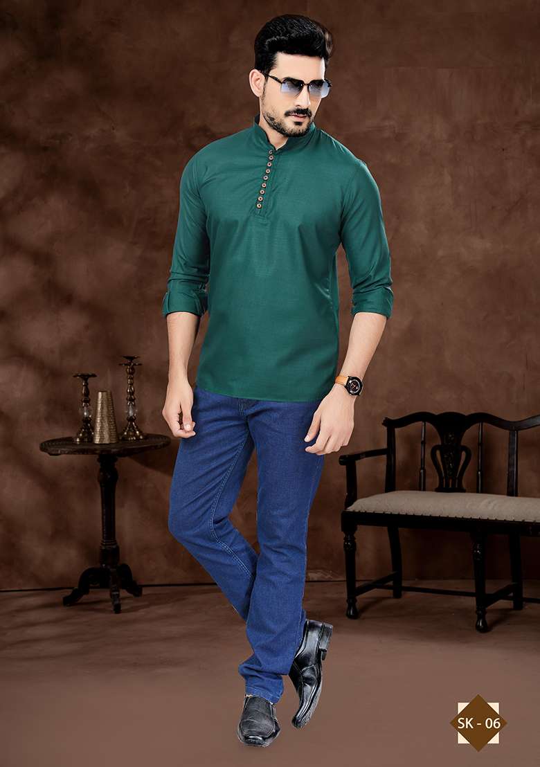 Green Embroidered Poly Blend Short Kurta For Men - Indya